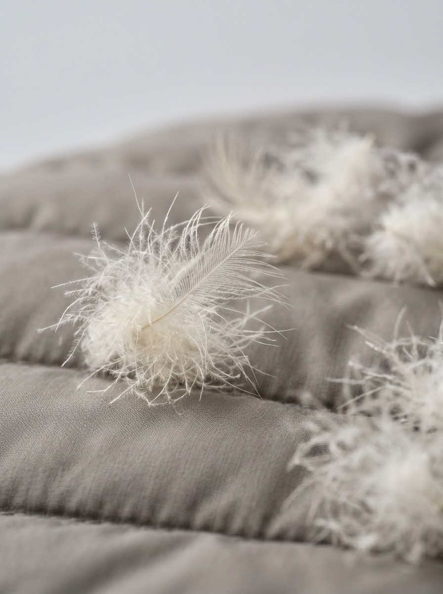 Natural goose down clusters on quilted Bertex fabric, macro